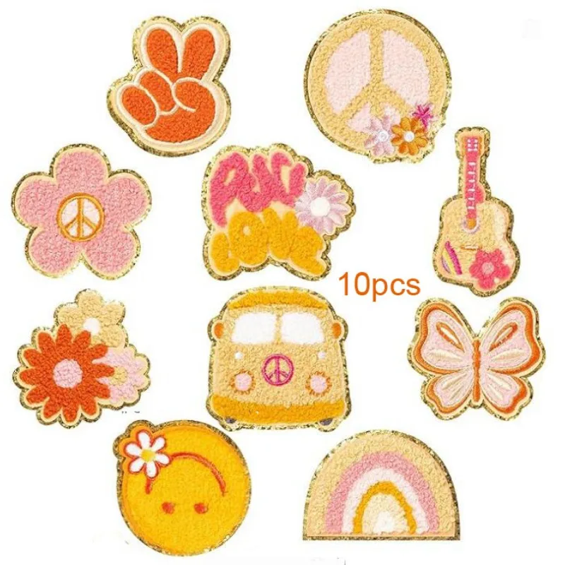 10Pcs Hippie Retro Chenille Iron on Patches Kids Knee Repair Patches Kit Sew on Embroidered Applique for Backpack Clothes Hats