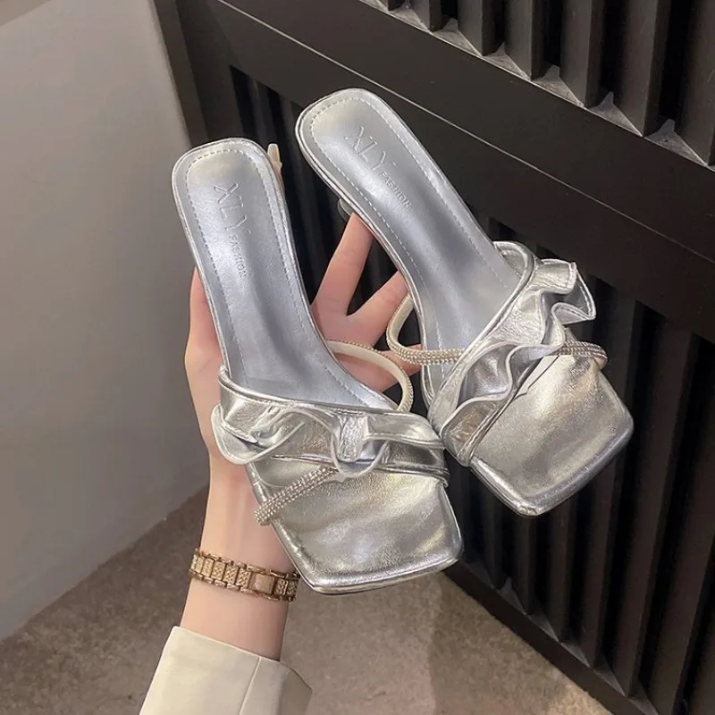 Zapatillas de tacón alto de cristal para mujer, sandalias de punta cuadrada, zapatos de vestir de verano, chanclas con talón descubierto, zapatos de tacón, 2024