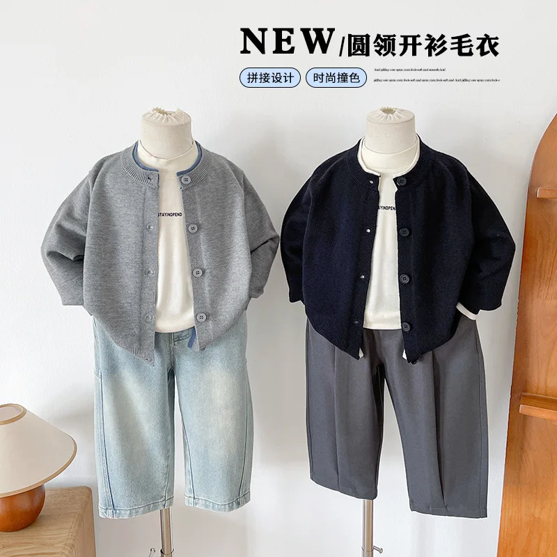 2025 autumn new children's clothing children's versatile cardigan sweater boys splicing contrasting color knitted sweater