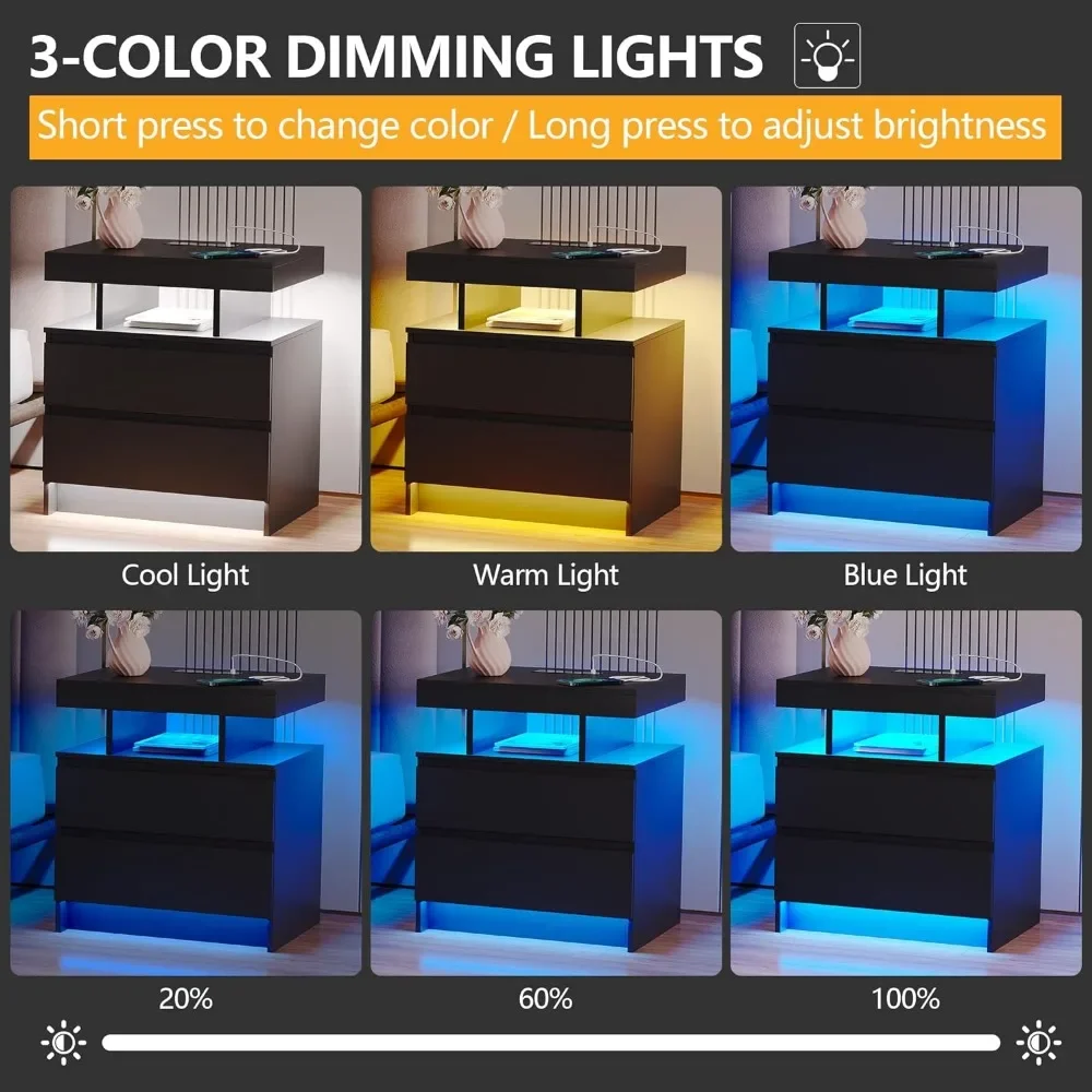Nachttisch mit Ladestation und LED-Licht, mit 2 Schubladen, mit USB-Anschlüssen und kabellosem Ladegerät, Nachttisch für Schlafzimmer