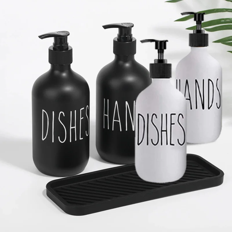 500ml Dish Hands Soap Dispenser Bamboo / Plastic Pump Refillable Bathroom Kitchen Sink Lotion Liquid Bottles Container With Tray