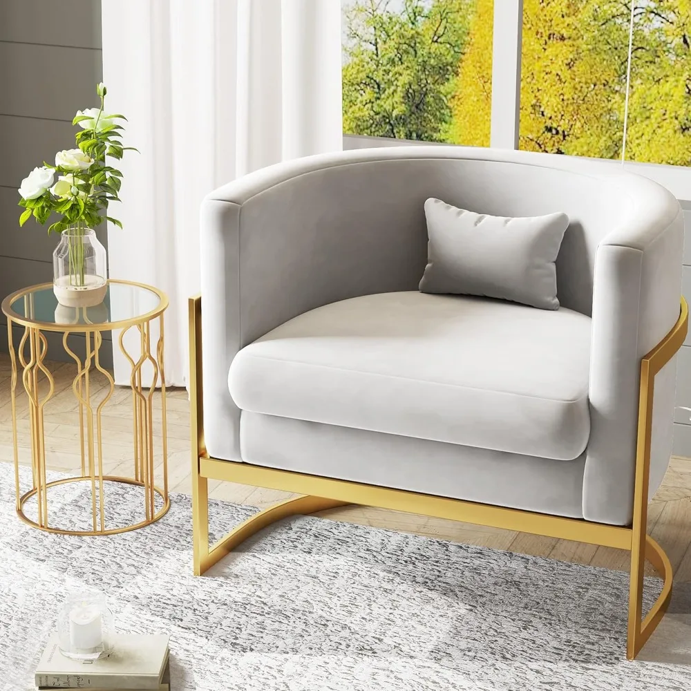 Velvet Accent Chair, Modern Barrel Chair Upholstered Armchair for Living Room Bedroom Single Sofa Chair Club Chairs Gray Gold