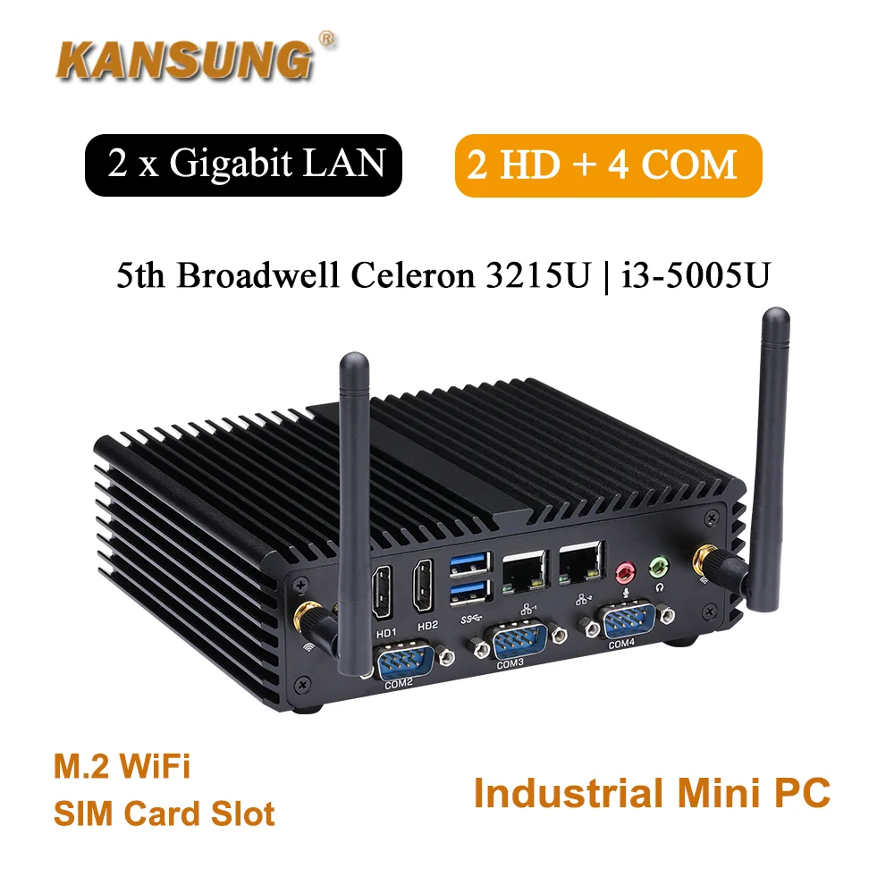 Fanless Mini-pc met laag vermogen M.2 WiFi Sim-kaart Intel Broadwell Celeron 3215U Core i3 5005U Dual Core 2 LAN 4 COM Industriële pc