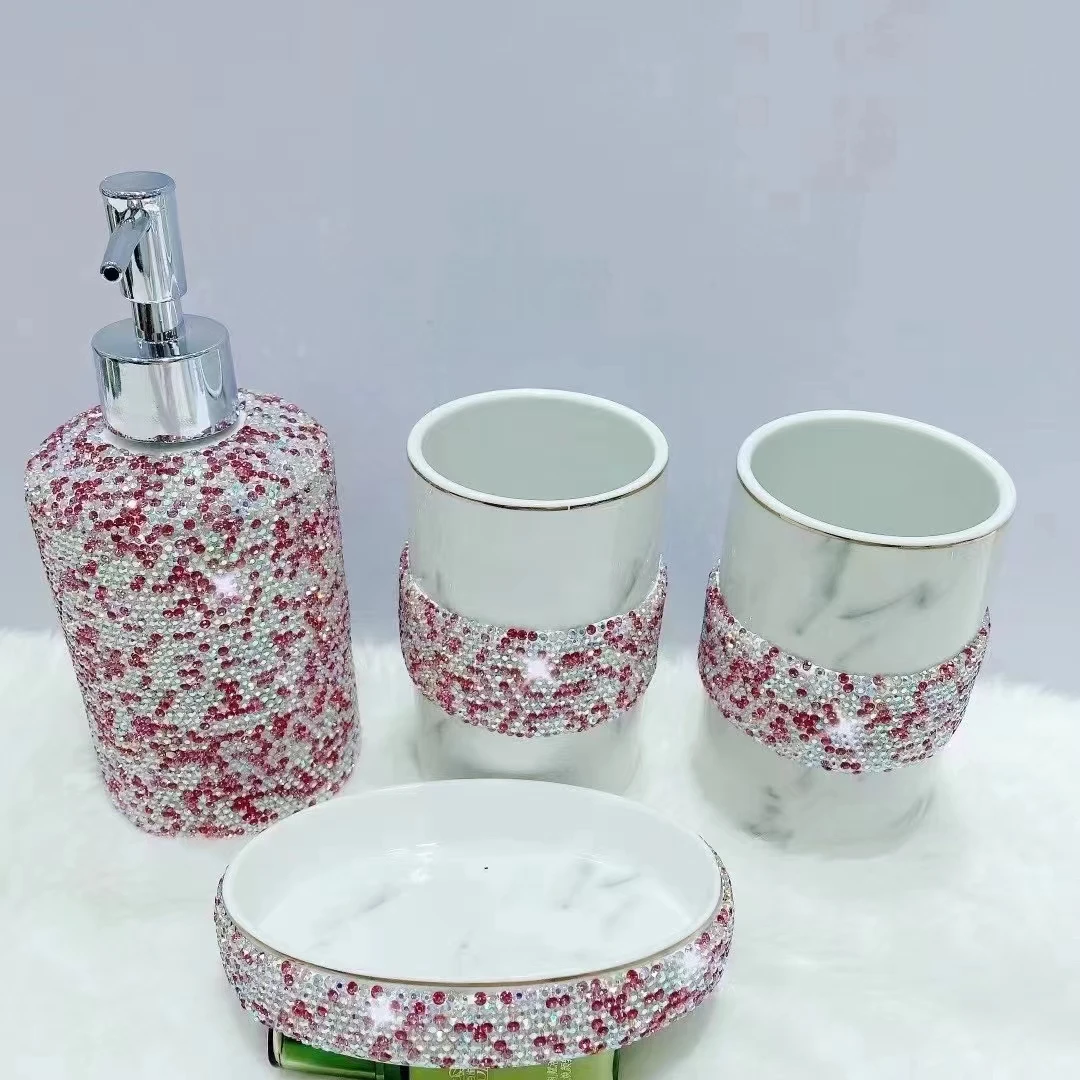 4PCS Set Rhinestones Empty Lotion Bottle Liquid Soap Dispenser Pump Container Wash Cup Tooth Brush Toothpaste Organizers Ceramic