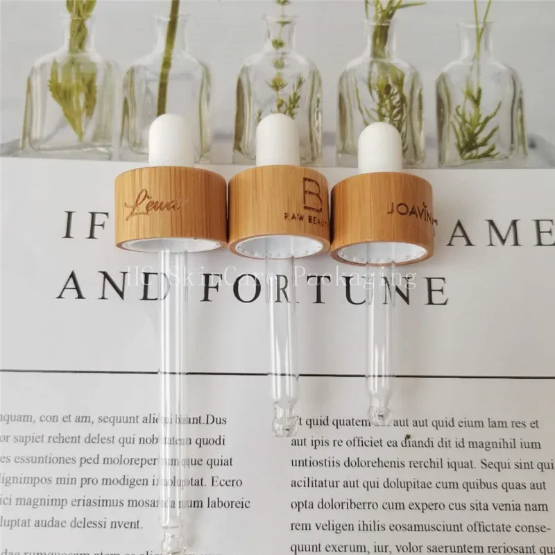 

Engraving Logo Dropper Cap with Glass Pipettes for Essential Oil Bottle lotion shower gel bottle ecofriendly wooden bamboo cover