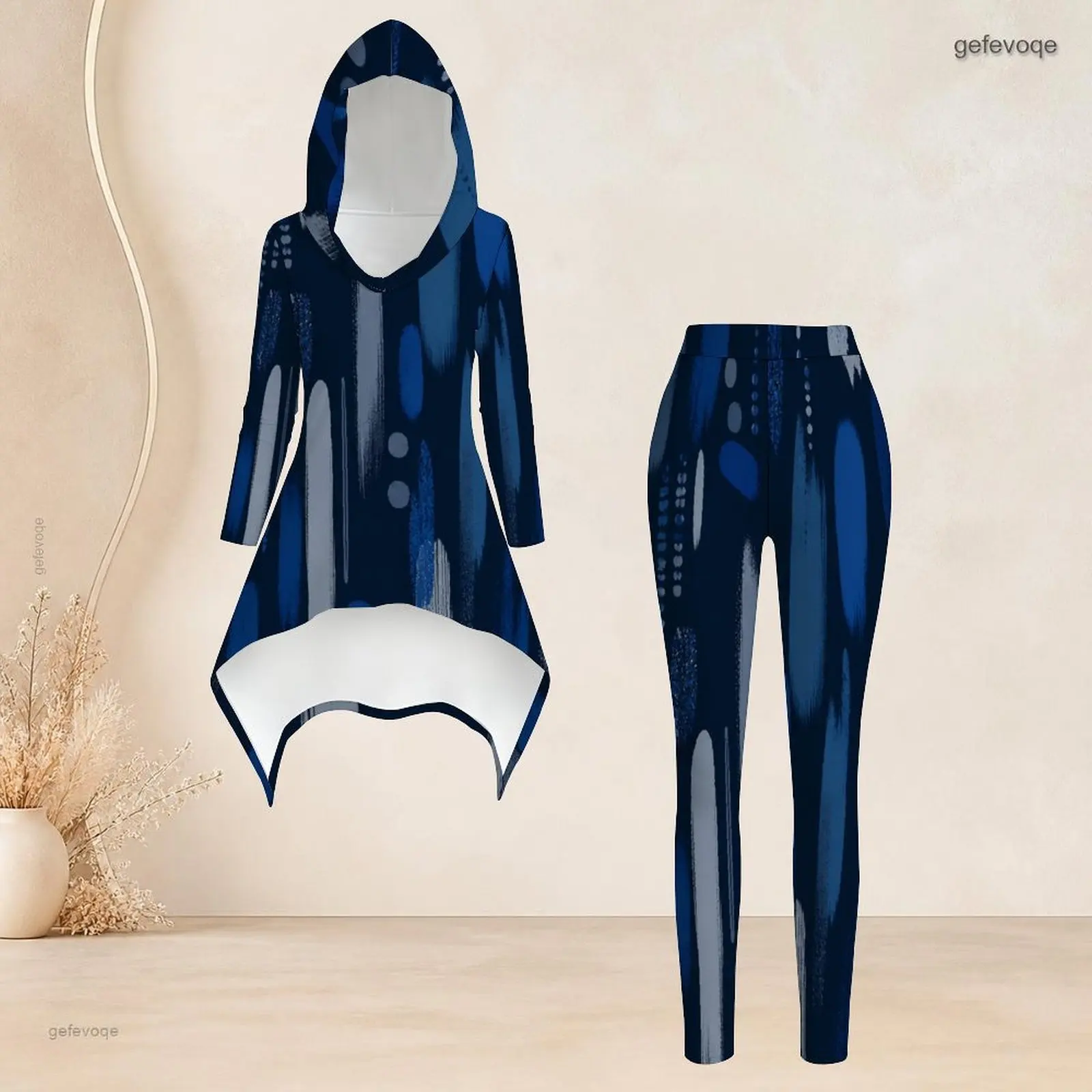 Women Abstract Blue Gold Printed Hooded Long Sleeve High Low Top Fitted Pants Two Piece Set view 6