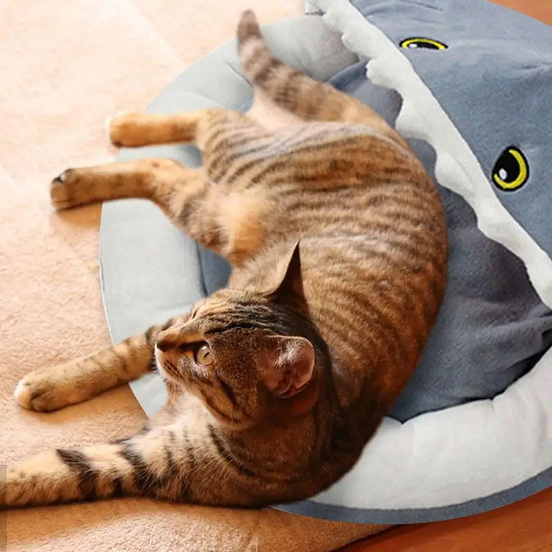 Cat Cave Bed Cute Cat Cave With Shark Design Semi-Enclosed Cat House Comfort Indoor Cat House Soft Kitten Bed For Cat Small Dog