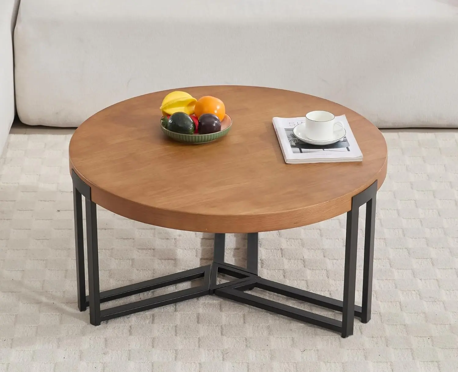 Round Wood Coffee Table Natural Wooden Coffee Table 31.5’’ Small Circle Coffee Table With Black Metal Legs Modern Tea Table For