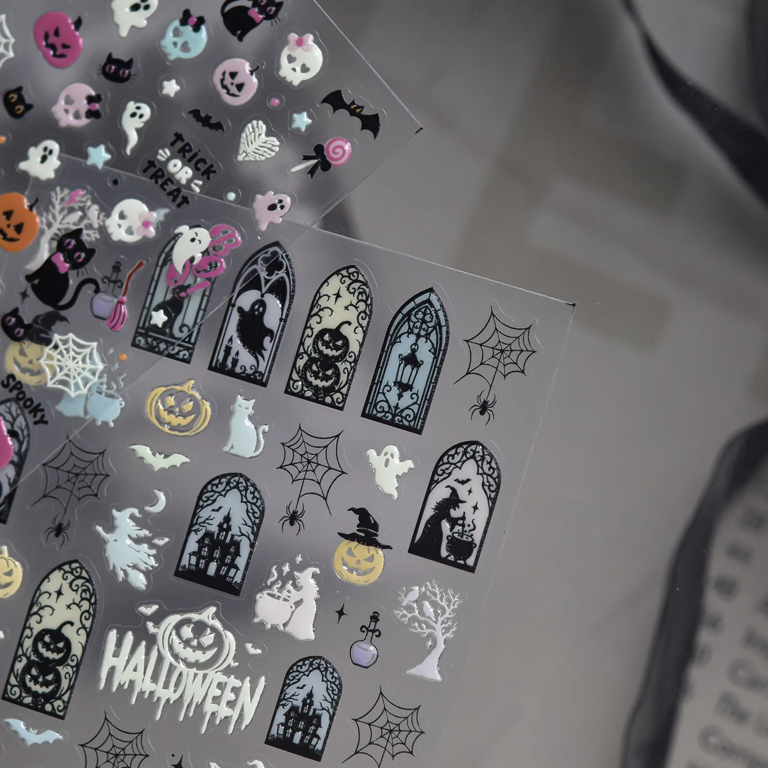 Vintage Spooky Luminous Stained Glass Window Ghost Black Cat Castle Cobweb Bat Pumpkin Head 5D Nail Sticker Self Adhesive Decal