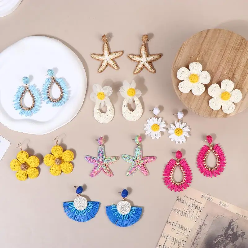 Handmade Rattan Raffia Earrings Exaggerated Geometric Retro Ethnic Style for Women Summer Beach Party Jewelry