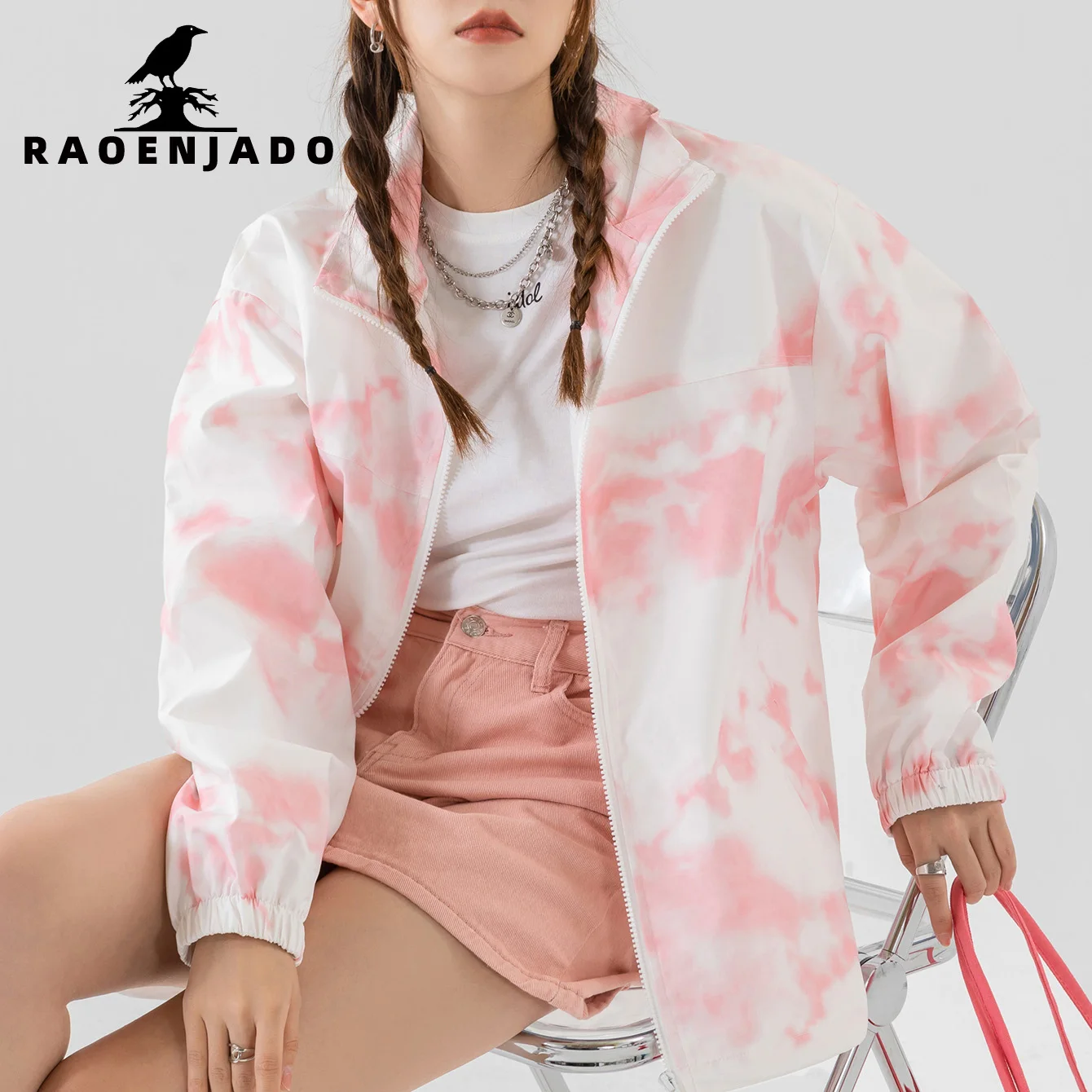 

Женская весенне-осенняя куртка на молнии с воротником-стойкой, свободный крой, повседневное пальто с чернилами, свежее и нежное пальто с эластичными манжетами