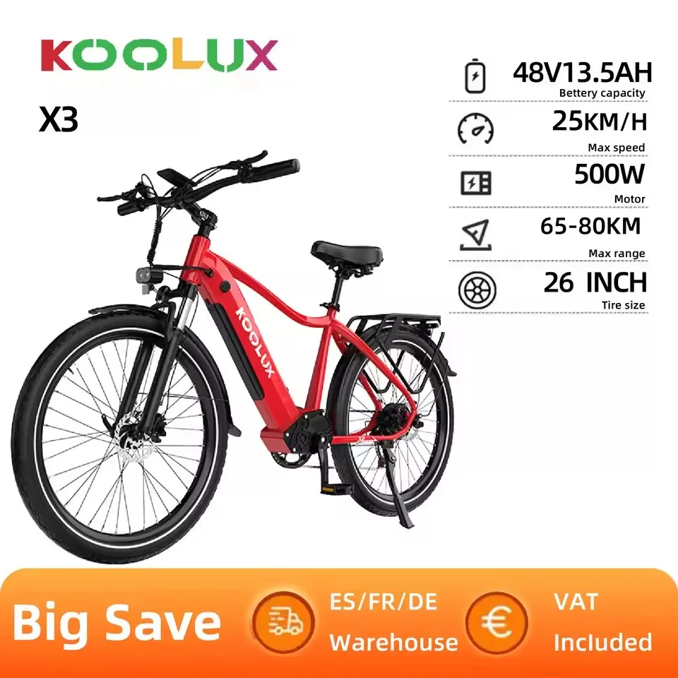 

KOOLUX X3 Adult Electric Bicycle Men's E-City ebike City 500W 48V 15Ah Battery 26" City Tire Electric Bike