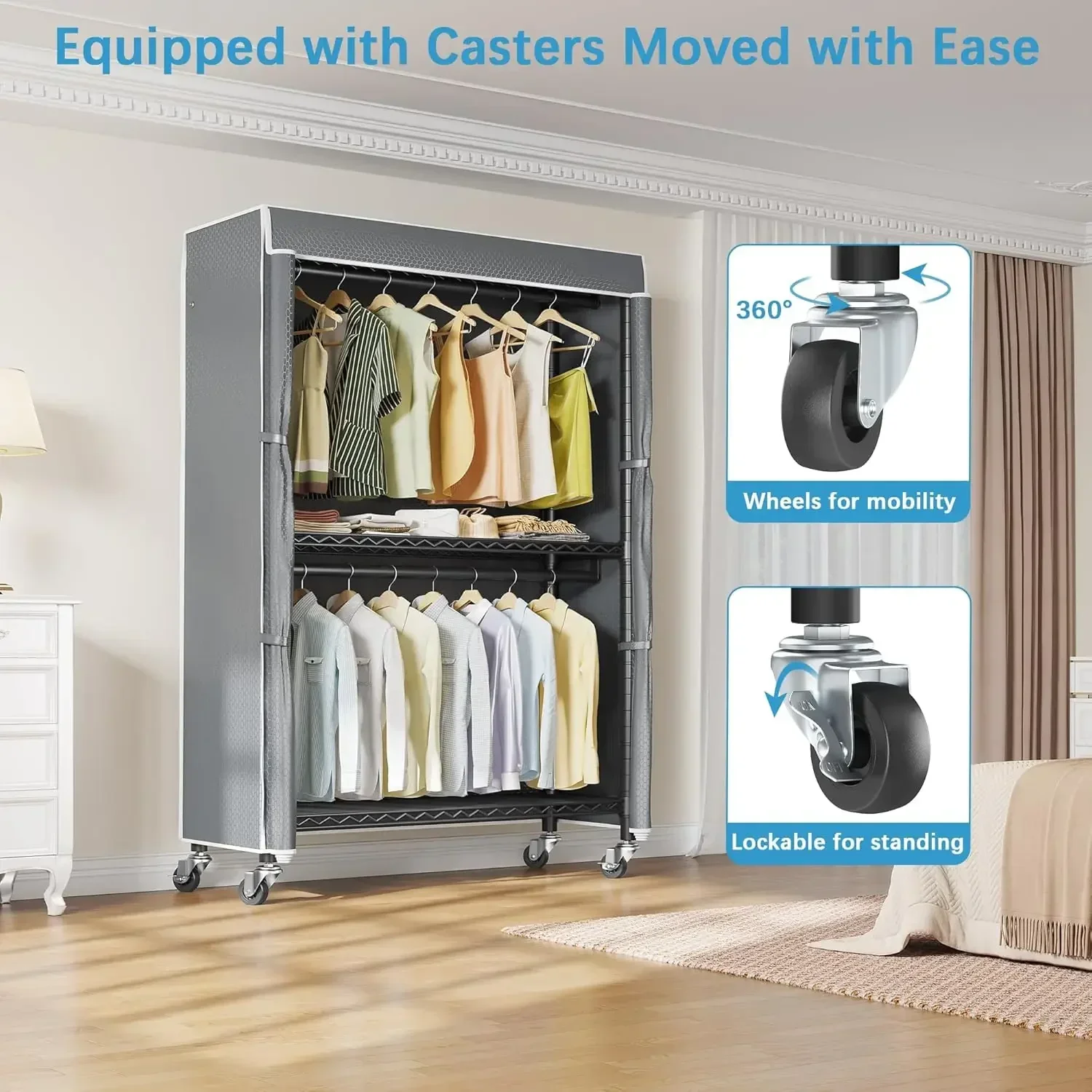 V12C Heavy  Rolling Garment Rack with Cover Clothing Rack for Hanging Clothes Portable Closets with Adjustable 3 Wire Shelving