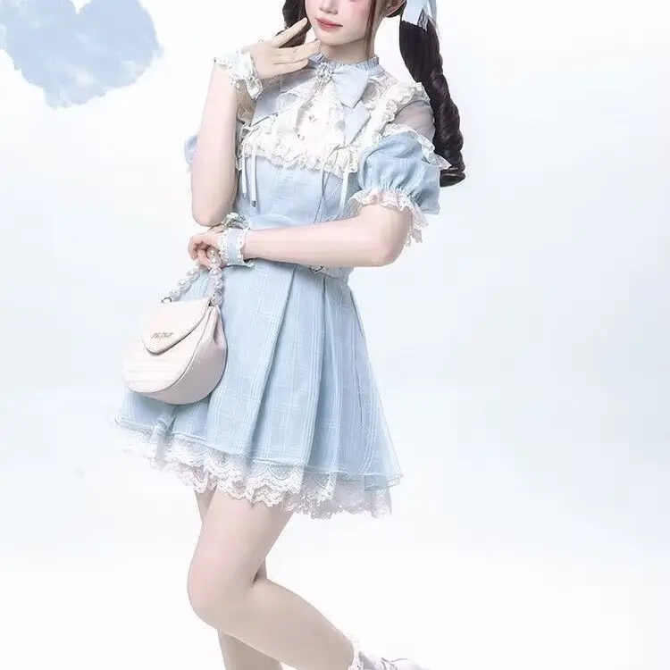 

Japanese Sweet Lolita Bow Dress Shorts Set Women Kawaii Lace Ruffles Off Shoulder Plaid Shirts Dress Gothic Y2k Slim Party Dress