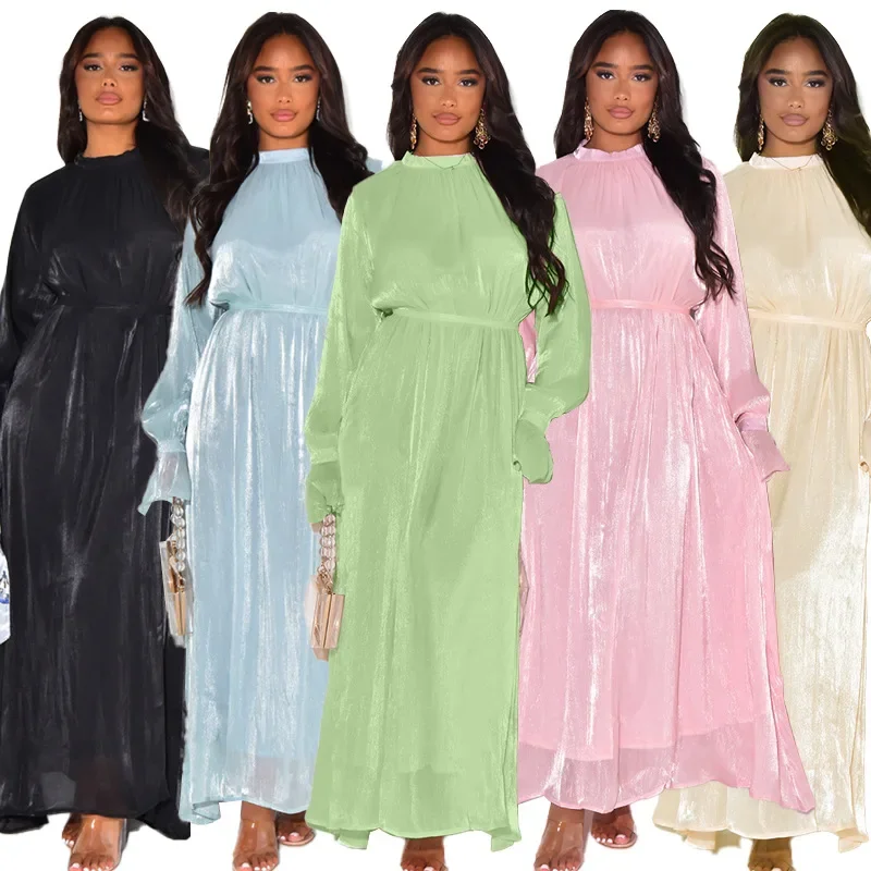 Women Eid Muslim Dresses O Neck Solid Color Ramadan Dubai Arab Kaftan Islam Gorgeous Party Dress High Waist Vestidos Elastic