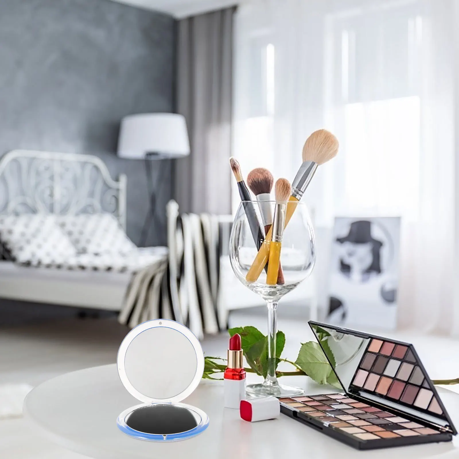 Espejo compacto portátil Mini espejo de maquillaje redondo plegable con aumento 7X Acabado de resina suave de doble cara Ideal para viajes