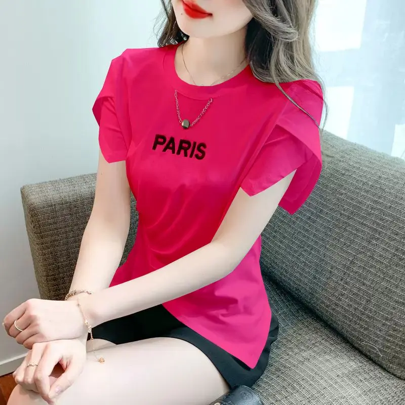 Fashion O-Neck Printed Letter Folds Irregular Blouses Women's Clothing 2024 Summer New Office Lady Tops Asymmetrical Shirts