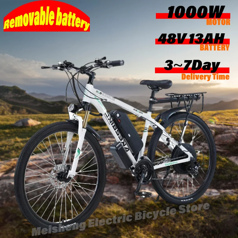 AKEZ-Bicicleta Eléctrica desmontable, bici de aleación con freno de disco Dual, batería de 13Ah, rango de 60 millas, 1000W