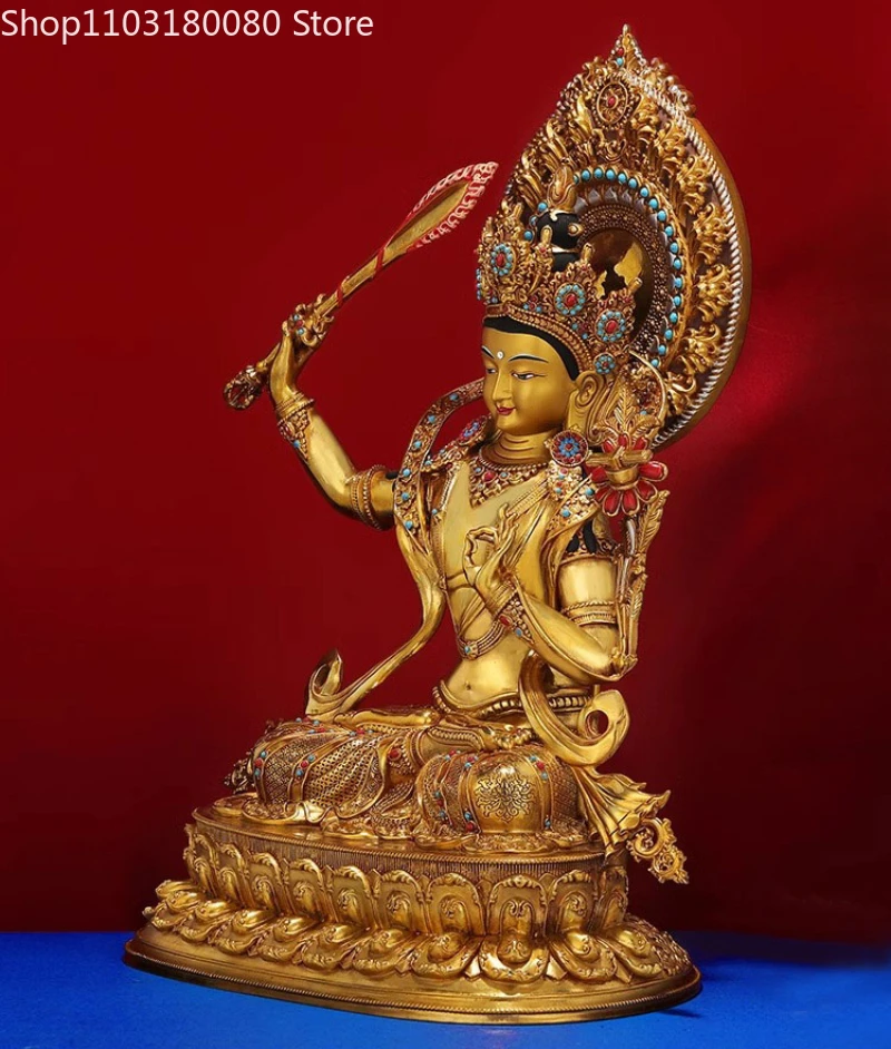 Nepal Copper Brass gilt Manjusri Bodhisattva buddha statue Tibet buddhism Tantra sculpture Temple home decor Large size