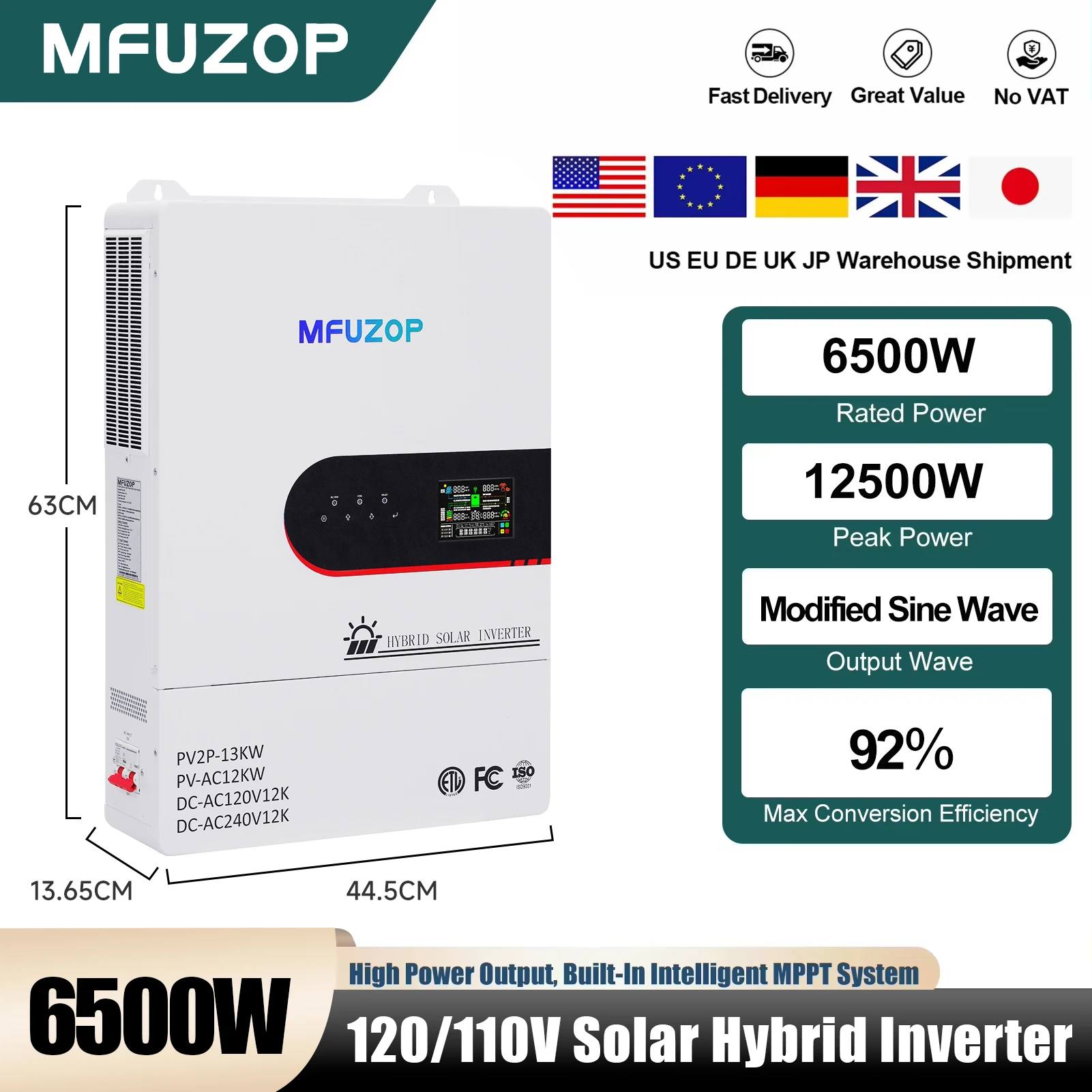 MFUZOP 48V 12000W Split Phase Hybrid Solar Inverter – 120V/240V Pure Sine Wave, Dual MPPT 6500W x 2, RS485/RS232, Home Energy Storage & Emergency Backup, US Stock Fast Delivery