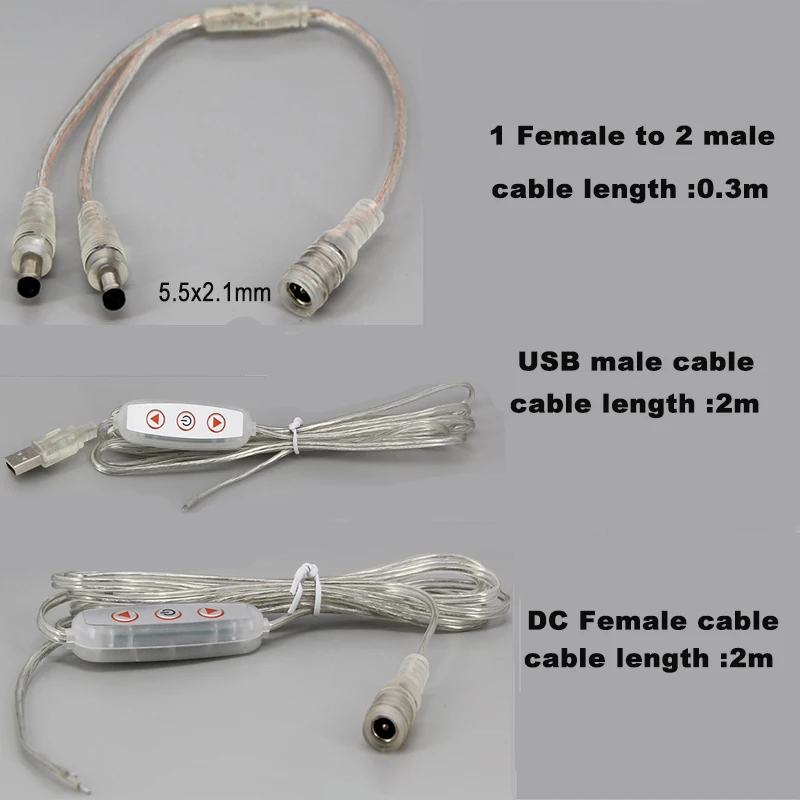 2-pinowy przezroczysty DC USB męski żeński 5V 12V Przełącznik kablowy Zasilacz 24awg 2A   Przedłużacz złącza do taśmy LED neonowej