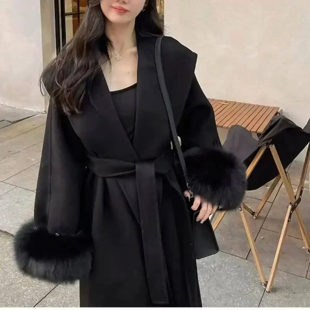 حقيقي كبير التلبيب طويل الثعلب الفراء الصوف المرأة سترة صوفية 2025 شتاء جديد على الوجهين معطف من قماش الكشمير الإناث #1