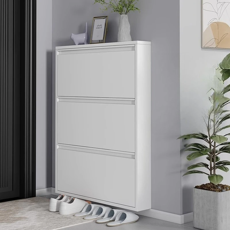 Slim Steel Shoe Rack with Flip Door, Multi-Layer Entryway Storage Cabinet, Compact Wall-Mounted Shoe Shelf for Small Spaces
