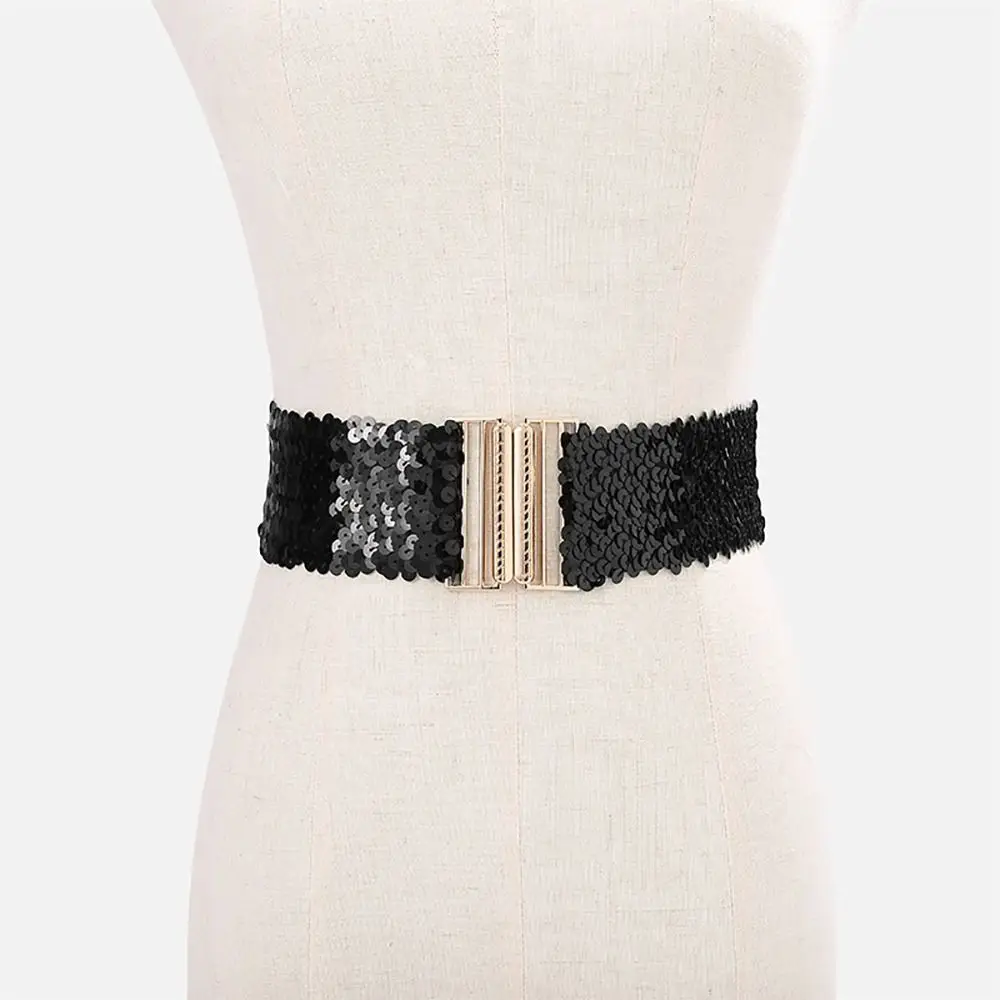 Professional Elastic Sequin Stretch Belt Eye Catching Gold Buckle Wide Waist Belt 60cm Disc Belts Dresses