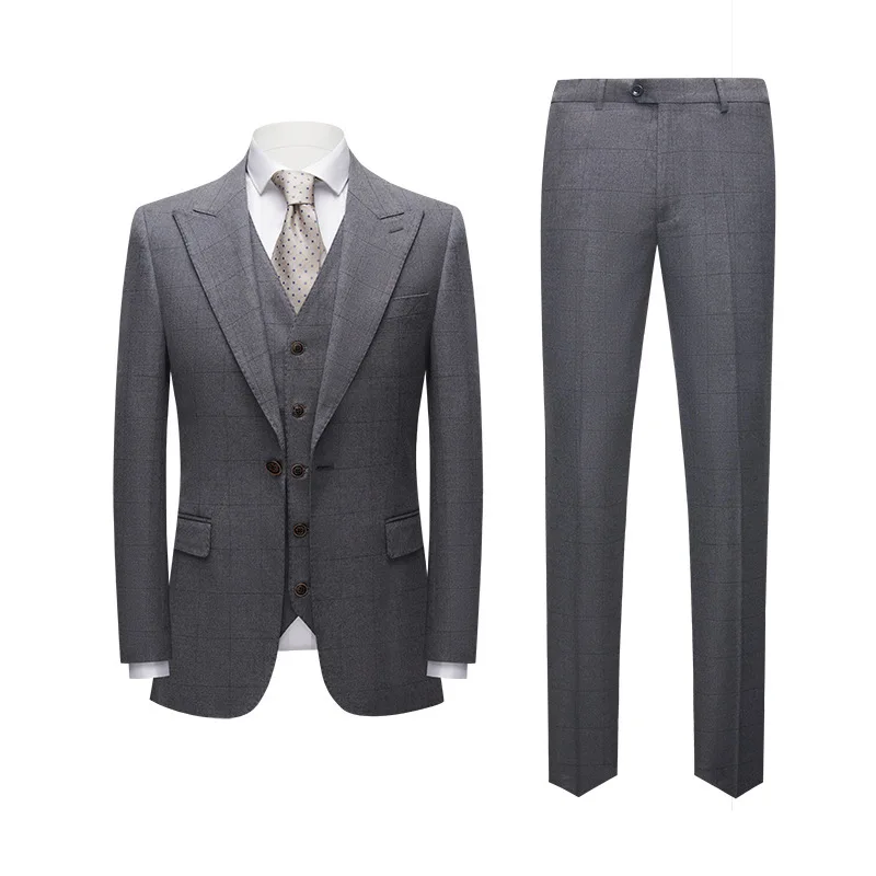 Fashion New Men's Suit Suit Korean Version of Self-cultivation and High Sense of Gray Plaid Leisure Suit Three-piece Men Suits