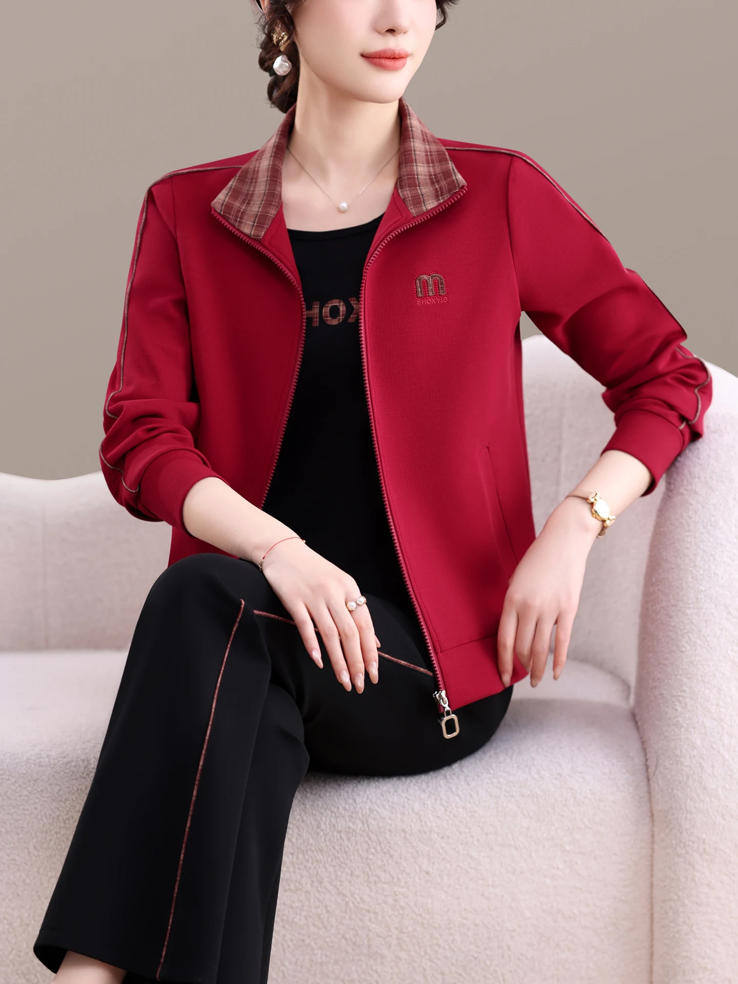 

Fitn Sportswear Set for Women Zipper Jaet Slimming Casual Tee-piece Set Middle-aged And ly Mothers Running Clothes