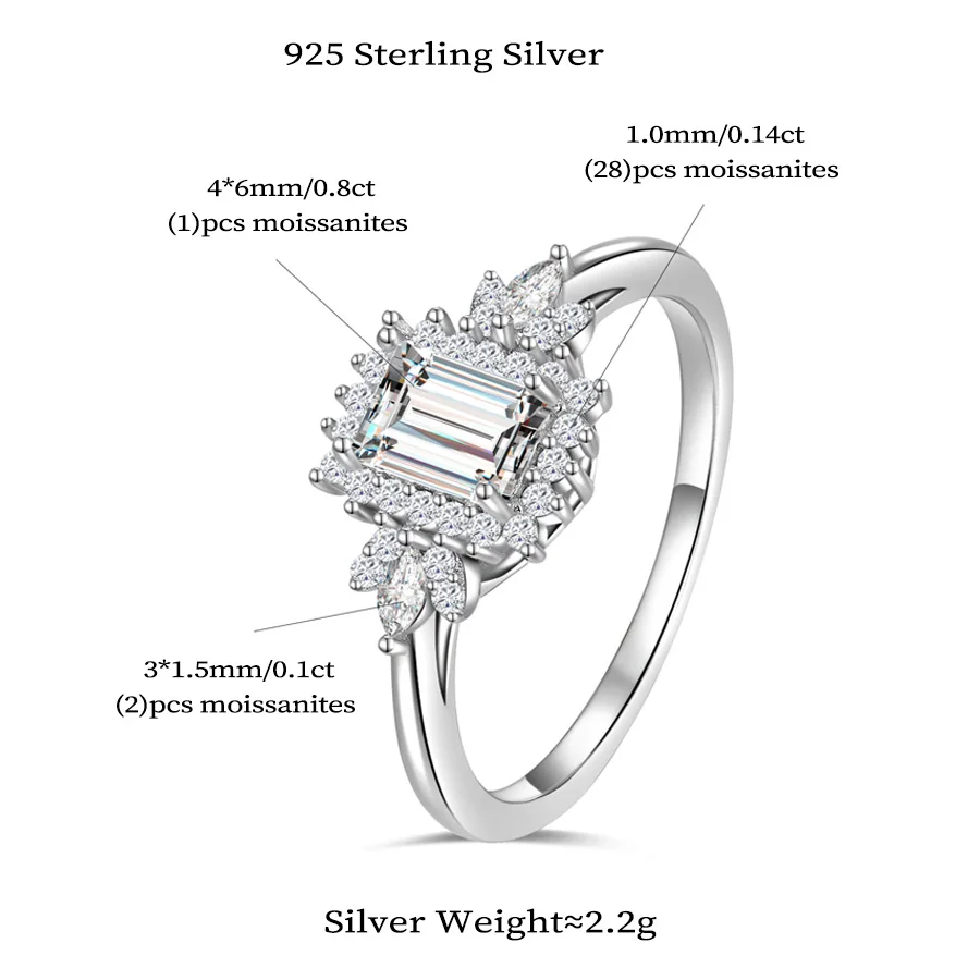 925 Sterling Silver Rings GRA Certified Moissanite ring Emerald Cut Gemstone Flower Engagement Wedding Ring