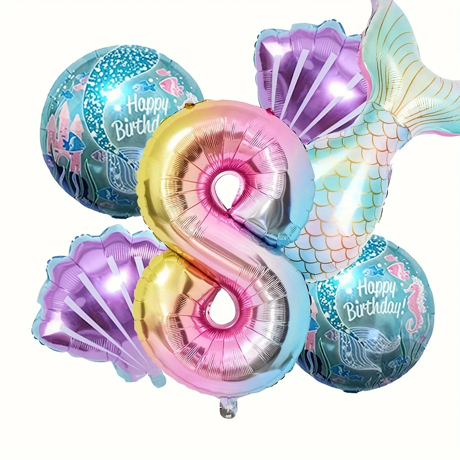 6-teiliges Meerjungfrauenschwanz-Kugel-Set aus digitaler Folienballon, Meerjungfrau, Ozean, Märchen, Meer, Thema, Mädchen, Geburtstag, Party, Nummer 0–9, Dekoration – Detail 14