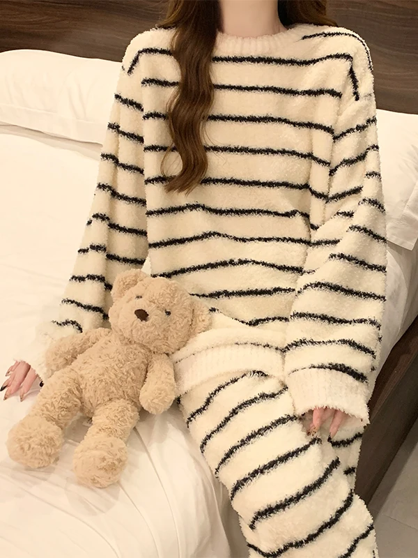 Coral Fleece Sleepwear Women's Autumn Winter Long Sleeve Stripe Set Half Velvet Soft Warm Home Clothes Sweet Style Print Process