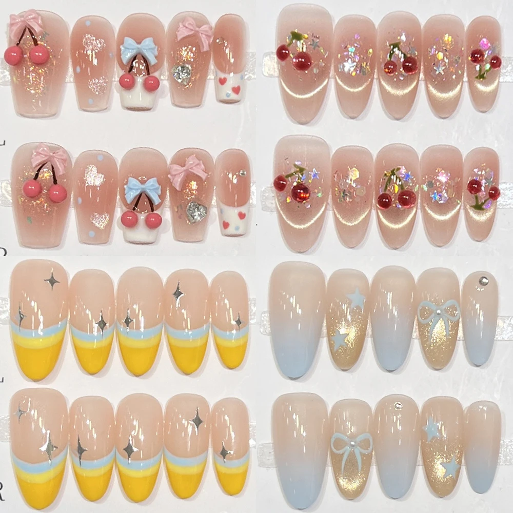 

10Pcs Sweet French Cat Eyes Handmade Nail Party Sticker Gentle Cherry Bowknot Rhinestone Flowers Pearl Reusable False Nail