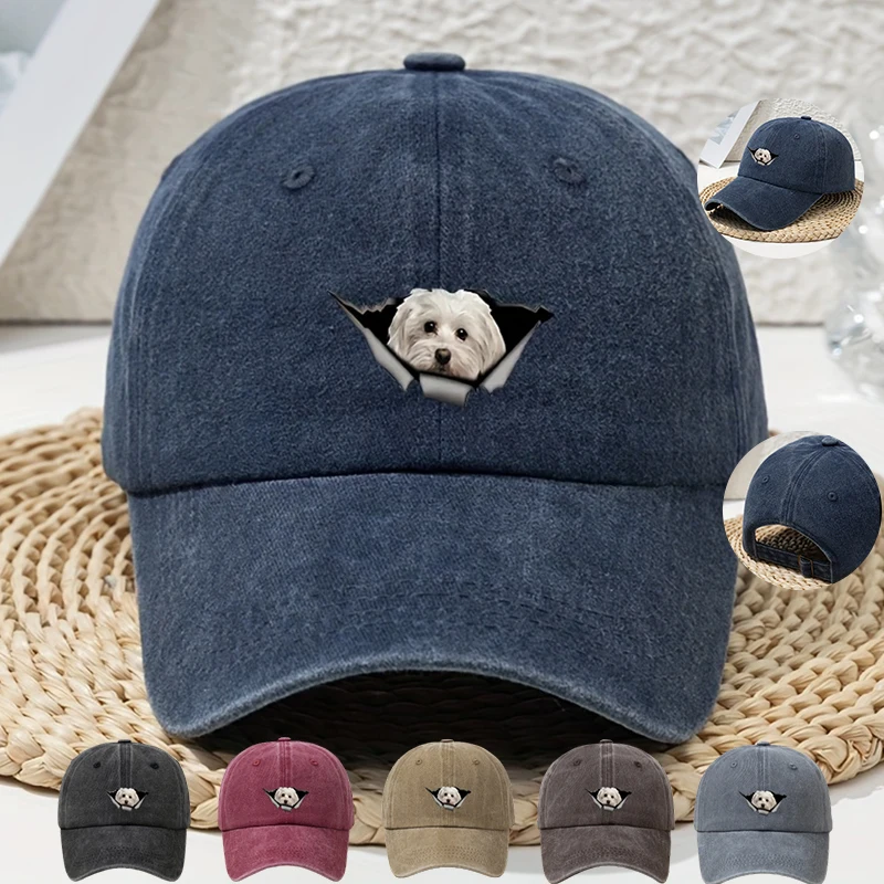 1pc frauen Cartoon Locher Weiß Hund Druck Zubehör Gewaschen Baseball Kappe Unisex Papa Hut Soft Top Outdoor gebogene Krempe Hut