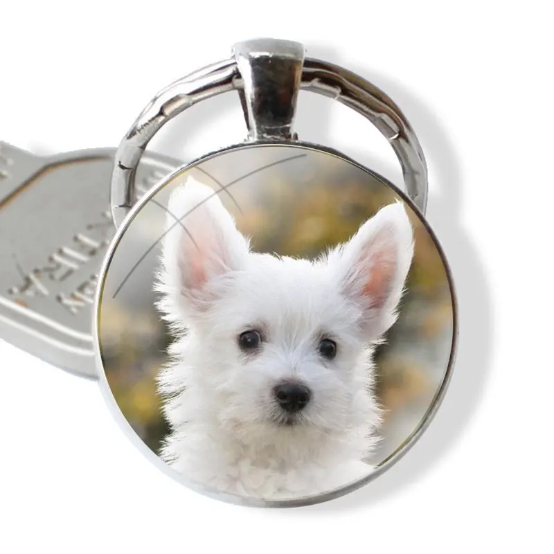 Westie Terrier Dog Puppy Highland Terrier Keychain Handmade Glass Cabochon Key Ring Holder Pendant Key Chains