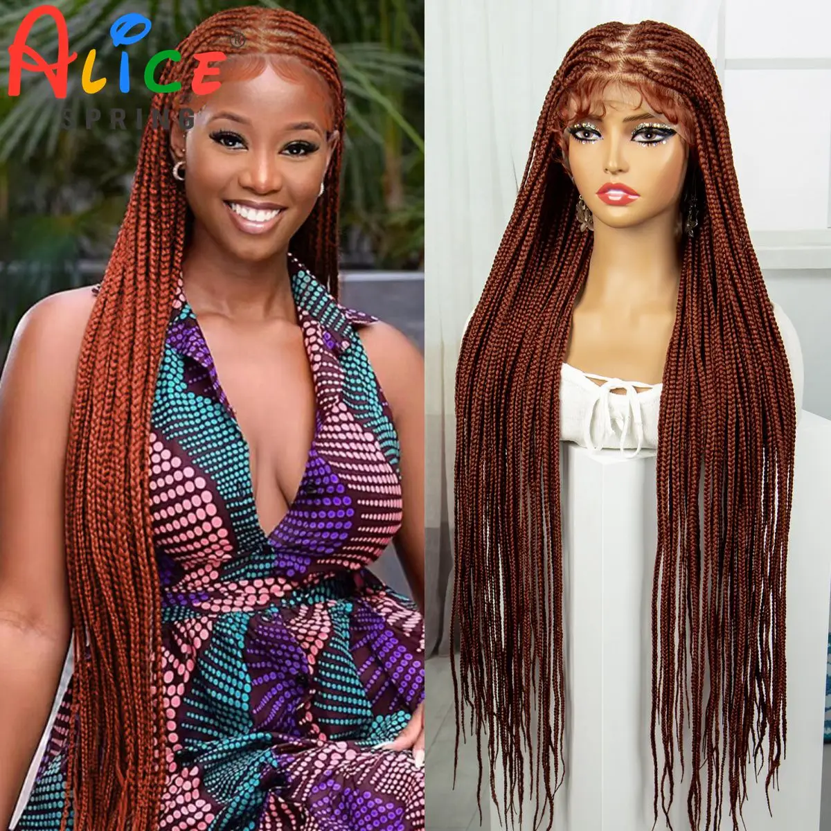 350# Ginger Orange Knotless Box Braided Wigs Synthetic Full Lace Braids Wig For Women Straight Crochet Braids Wig with Baby Hair