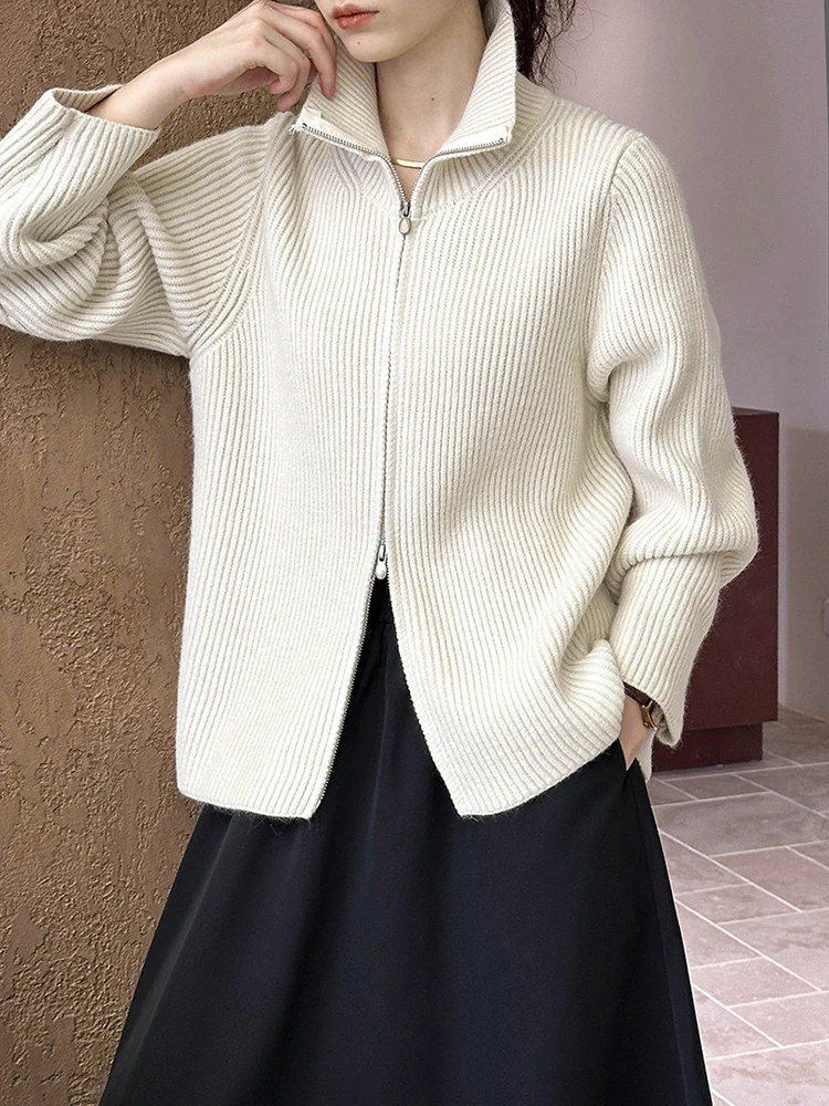 [LANMREM] Fashion Knitting Cardigan Sweater For Women Turtleneck Double Zipper Warm Coats Minimalism 2024 Winter New 26C775