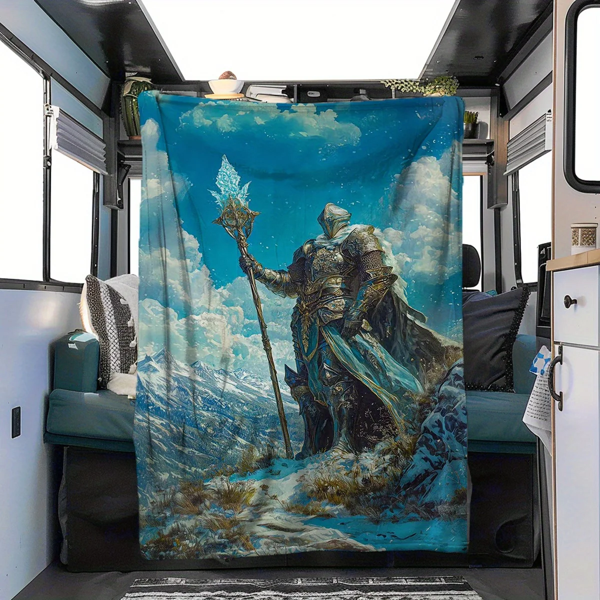 Fantasy Medieval Knight With Magic Staff Snow Mountain Scenery Print Flannel Blanket Soft Lightweight Throw Blanket