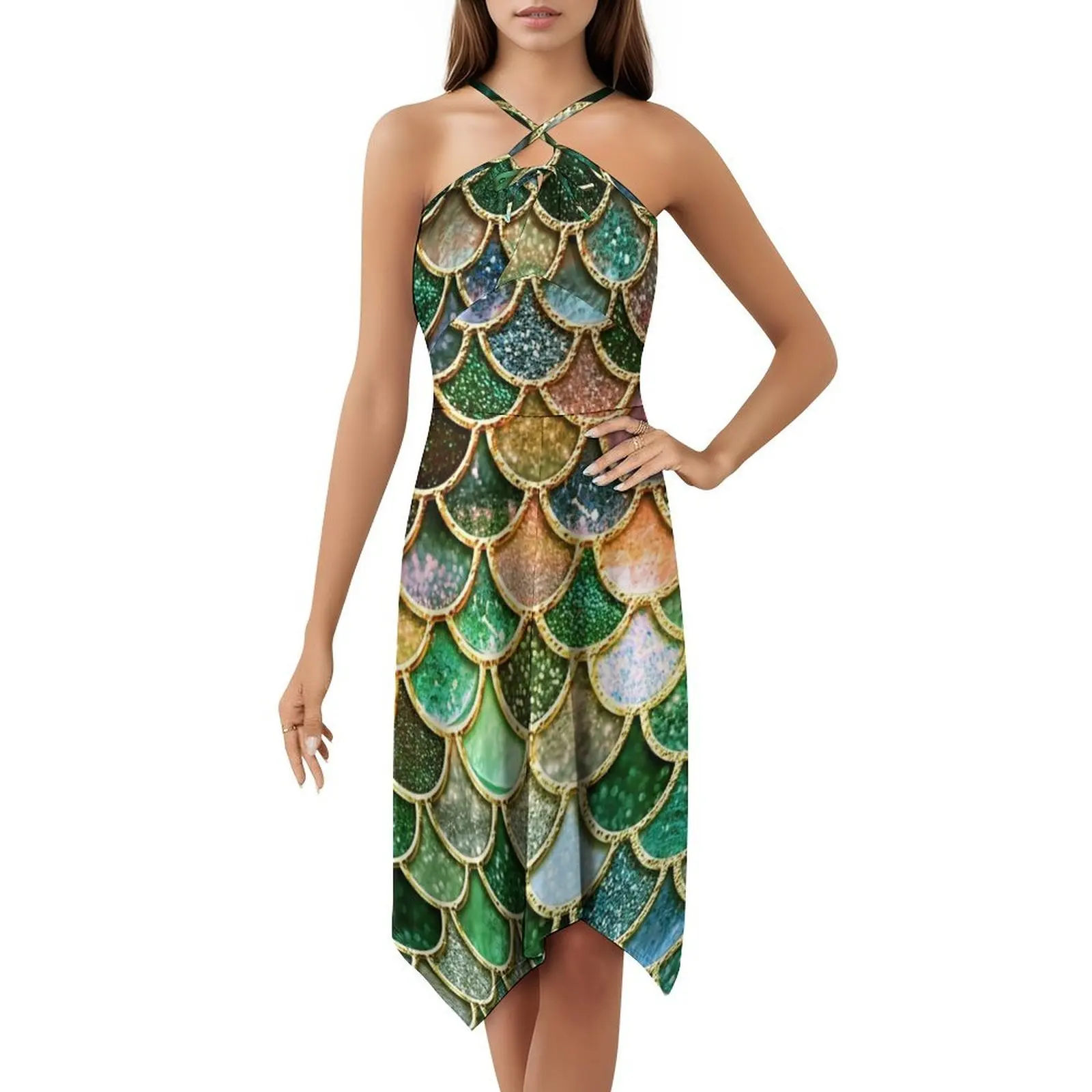فستان مثير للإجازات من المعدن الربيعي باللونين الأخضر والذهبي اللامع للنساء على الشاطئ وحفلات أعياد الميلاد فستان قصير حورية البحر #5