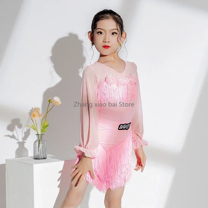 

Rumba Latin Dance Dress Girls Pink Cha Cha Dance Costume Tango Dance Dresses Girls Competition Suit Kids Latin Practice Clothes