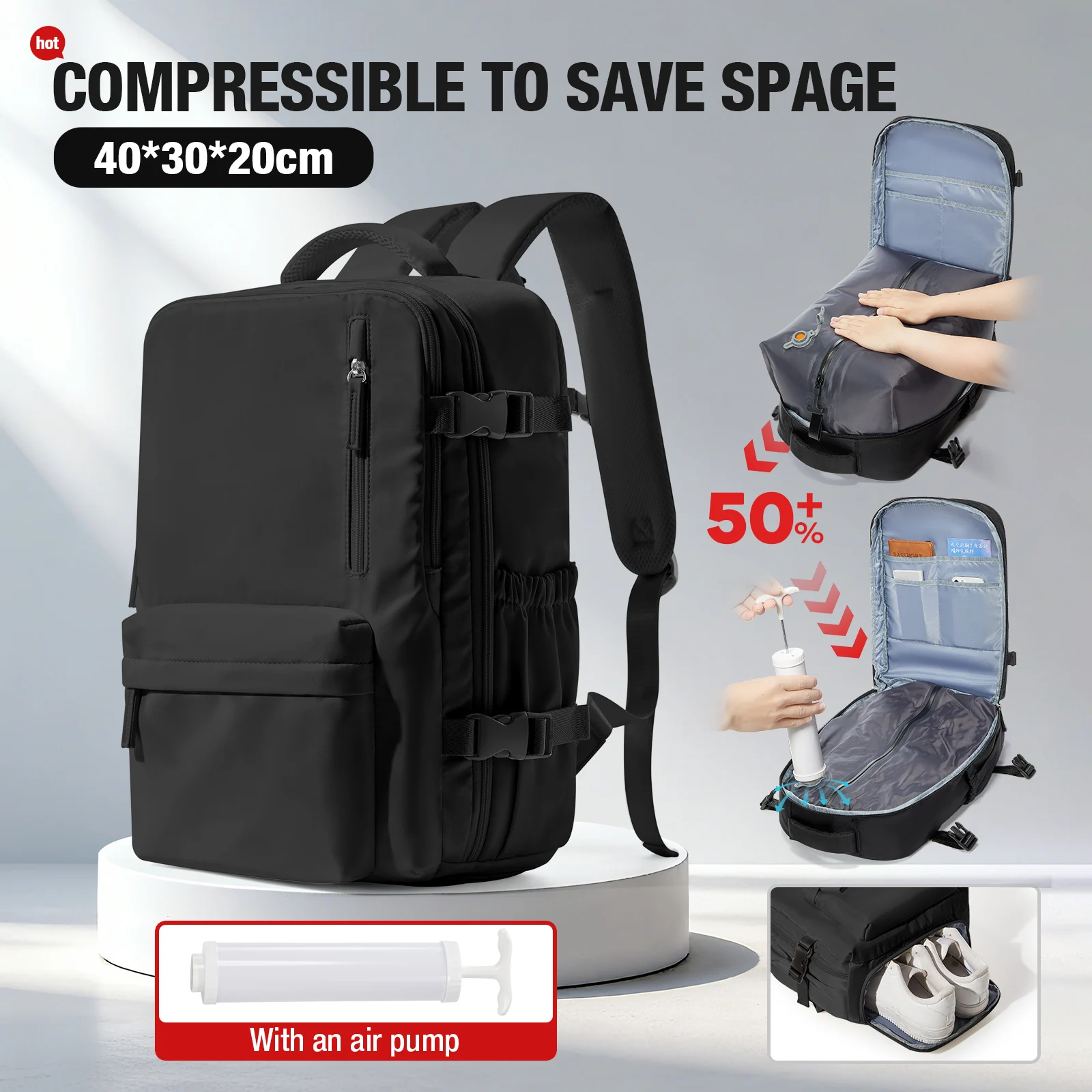 Sac à dos sous vide, sac à dos de rangement sous vide de voyage, sac de cabine Ryanair de compagnie aérienne, sac de voyage en plein air pour ordinateur portable d'affaires, cartable