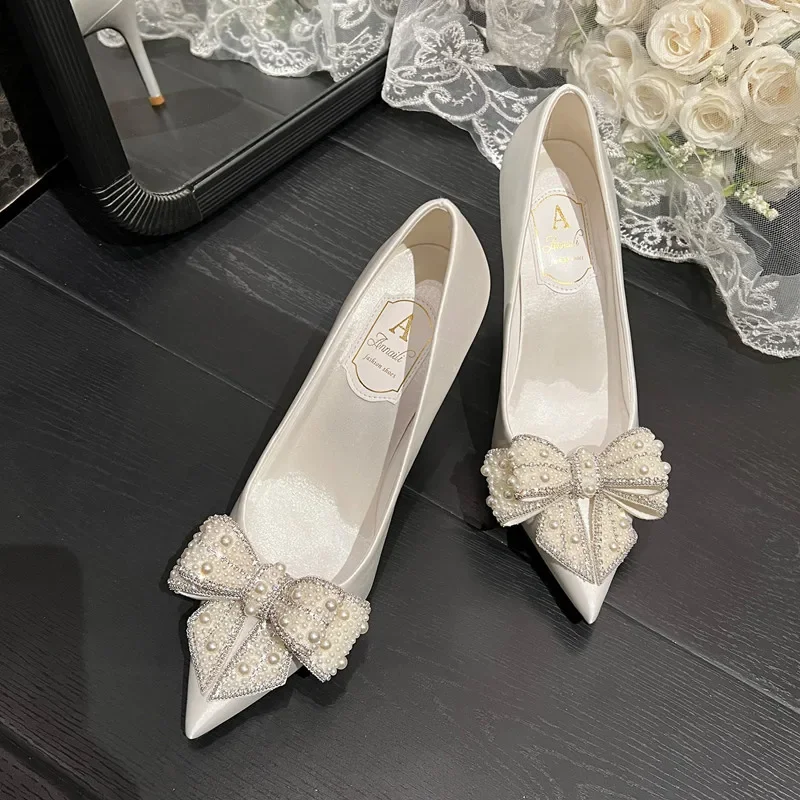 

French White Main Wedding Dress Bridal Shoes Pearl Bow High Heels Bridesmaid Crystal Celebrity Style Women's Shoes