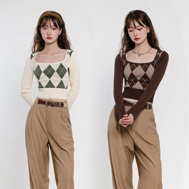 Vintage Argyle Sweaters Women Chic Spring Slim Schoolgirls Knitwear Stylish Y2k Cropped Clothes Square Collar All-match Hot Sale