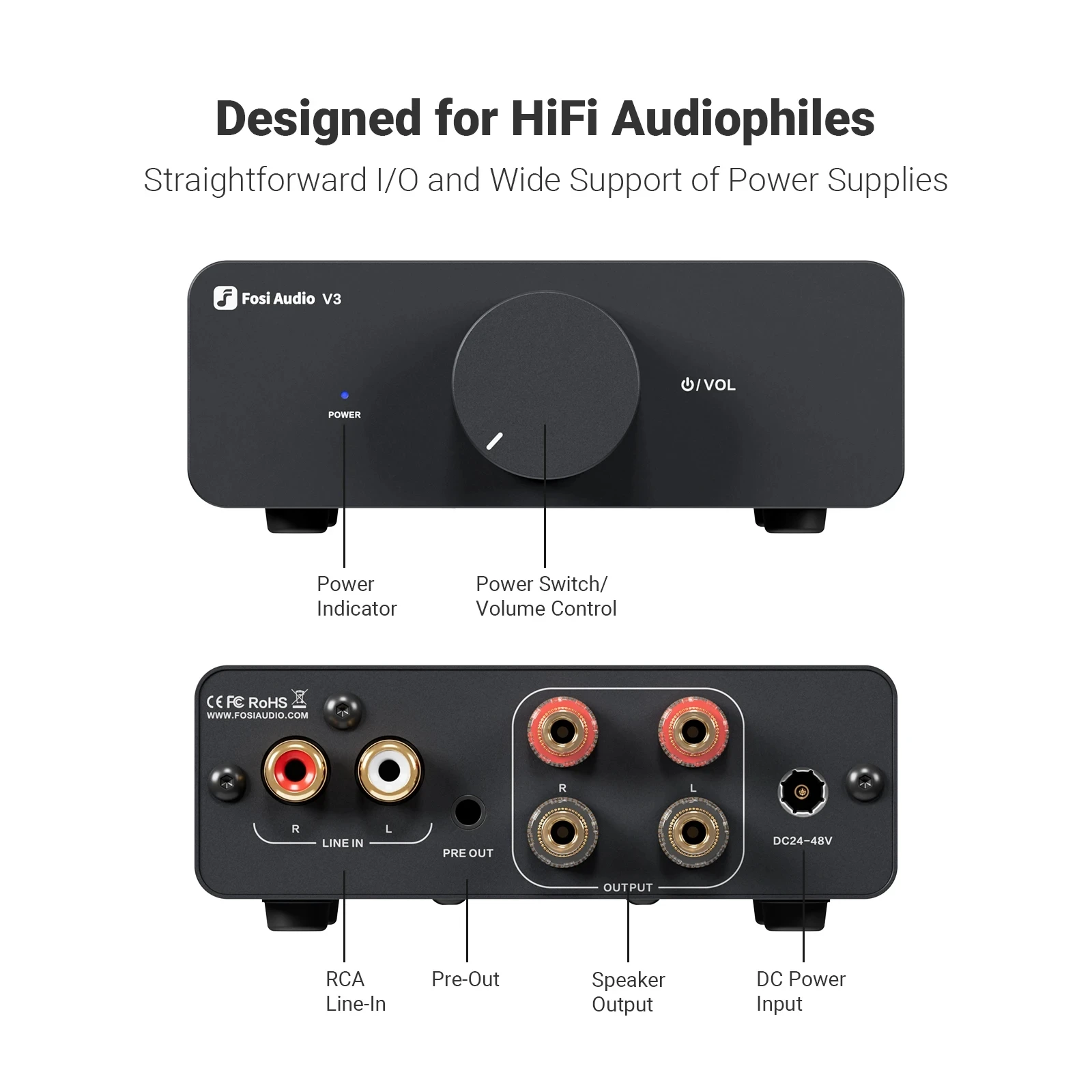 Fosi Audio V3 Стереоусилитель мощности 300 Вт x2 TPA3255 Мини-усилитель динамика класса D 2-канальный аудиоусилитель для пассивной книжной полки