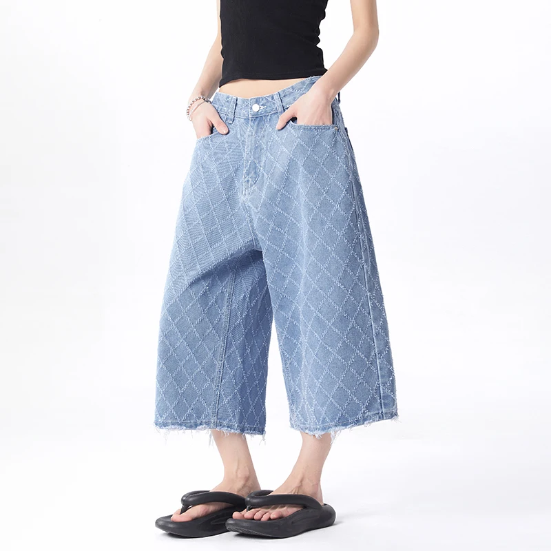 Women s Jeans Pants Cropped Pants High Waist Loose Fit Distressed Ripped Hem Denim Light Blue