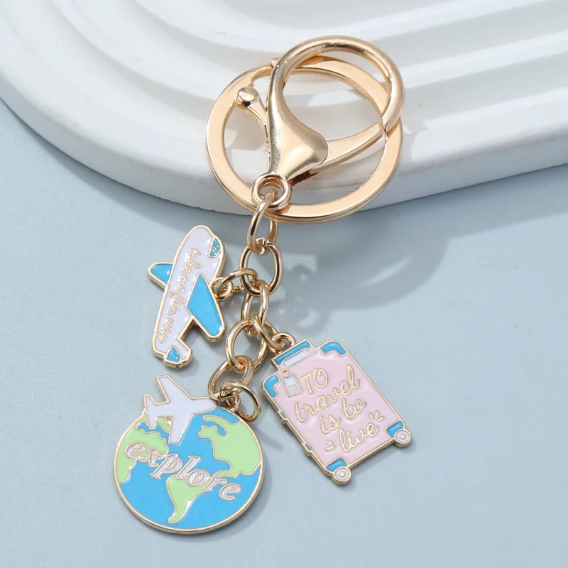 Journey Enamel Keychain Earth Suitcase Airplane Camera Key Ring Souvenir For Making DIY Handmade Jewelry Accessories