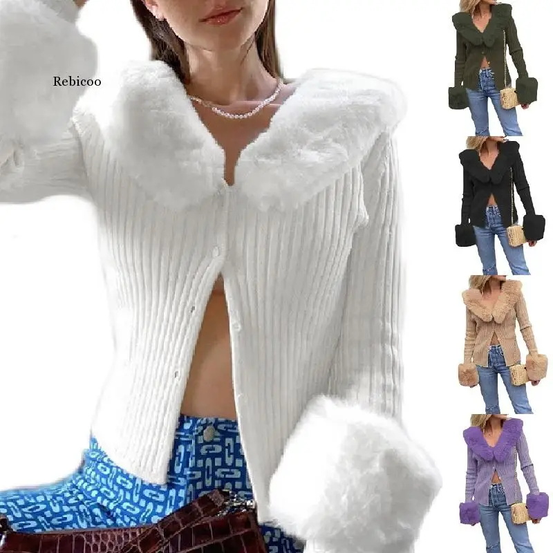 

Women Autumn Winter Knitted Sweaters Long Sleeve Faux Fur Collar Cardigans Sweater Coats