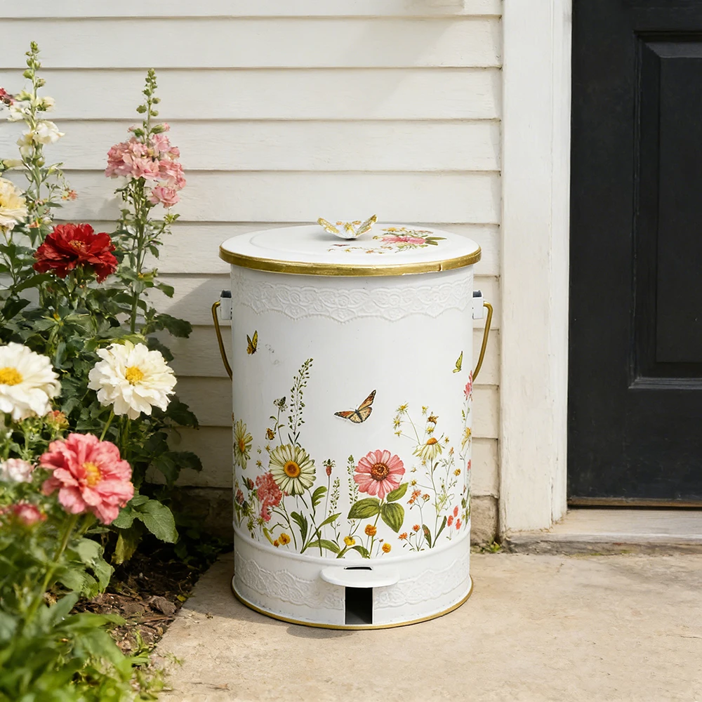 

European Style Iron Trash Can Foot Pedal Cover Kitchen Living Room Bathroom Large Size Outdoor Garden Household Waste Bin