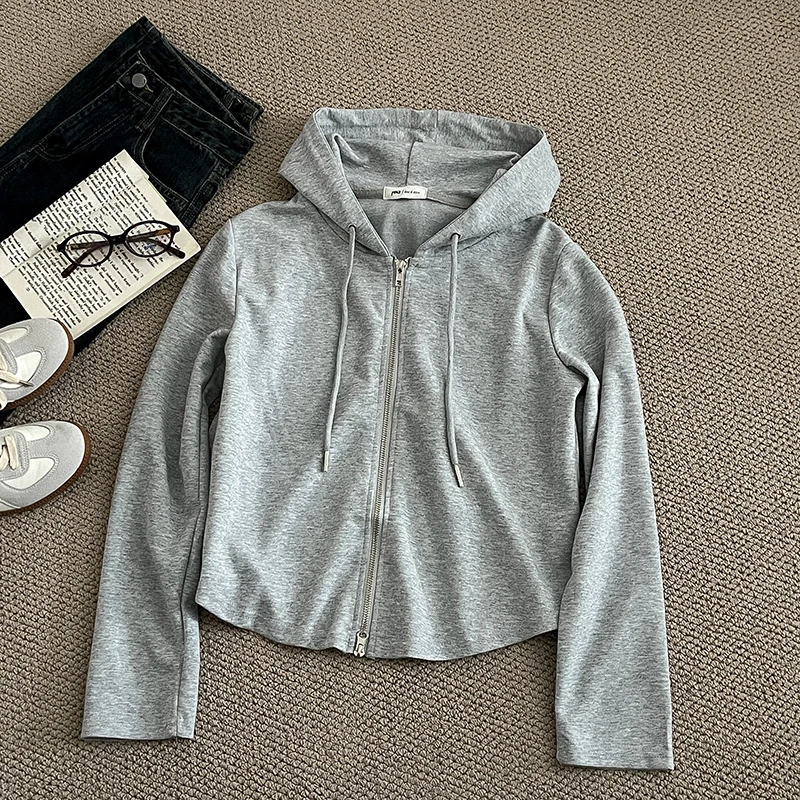 

Women's Grey Coat All-match Hooded Long Sleeve Chic Zipper Jacket Female Spring Autumn Fashion Tops Outerwears Lady Cardigan